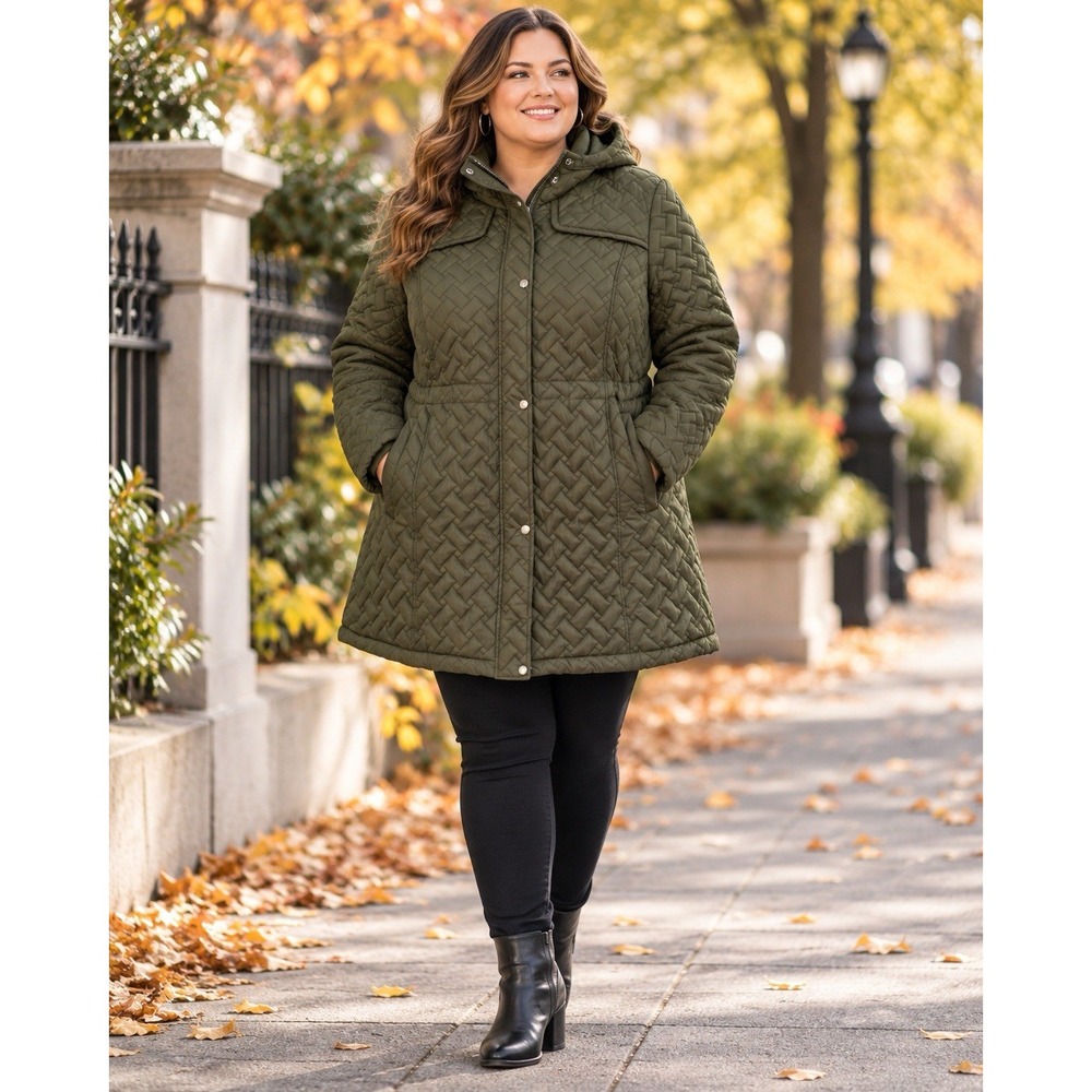 Women's 3X Olive Green Basketweave Quilted Hooded Coat Utility Parka Jacket
